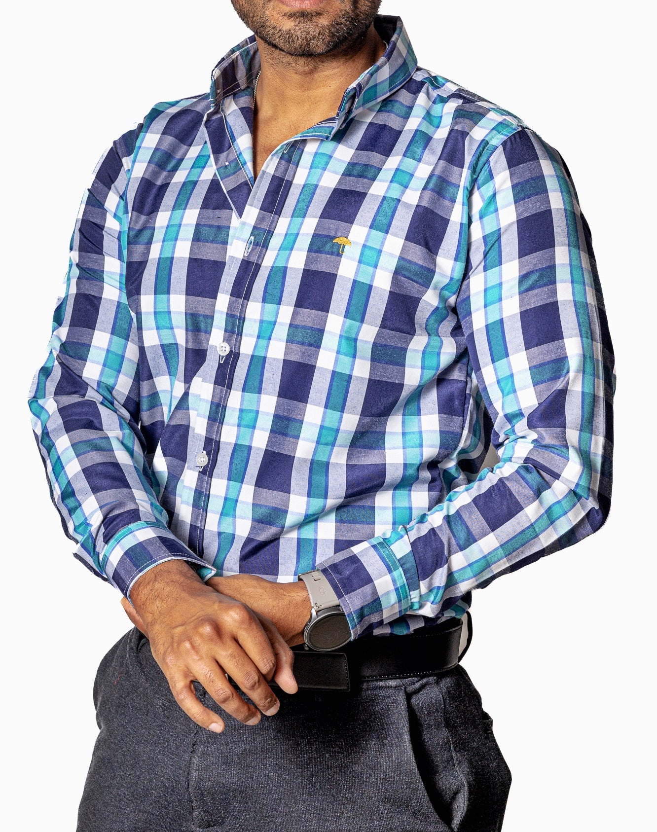 Camisa Casual Hombre ,cuadro Verde Agua,azul Marino Y Blanco - Tiendas Platino Camisas Hombre 34 (S)