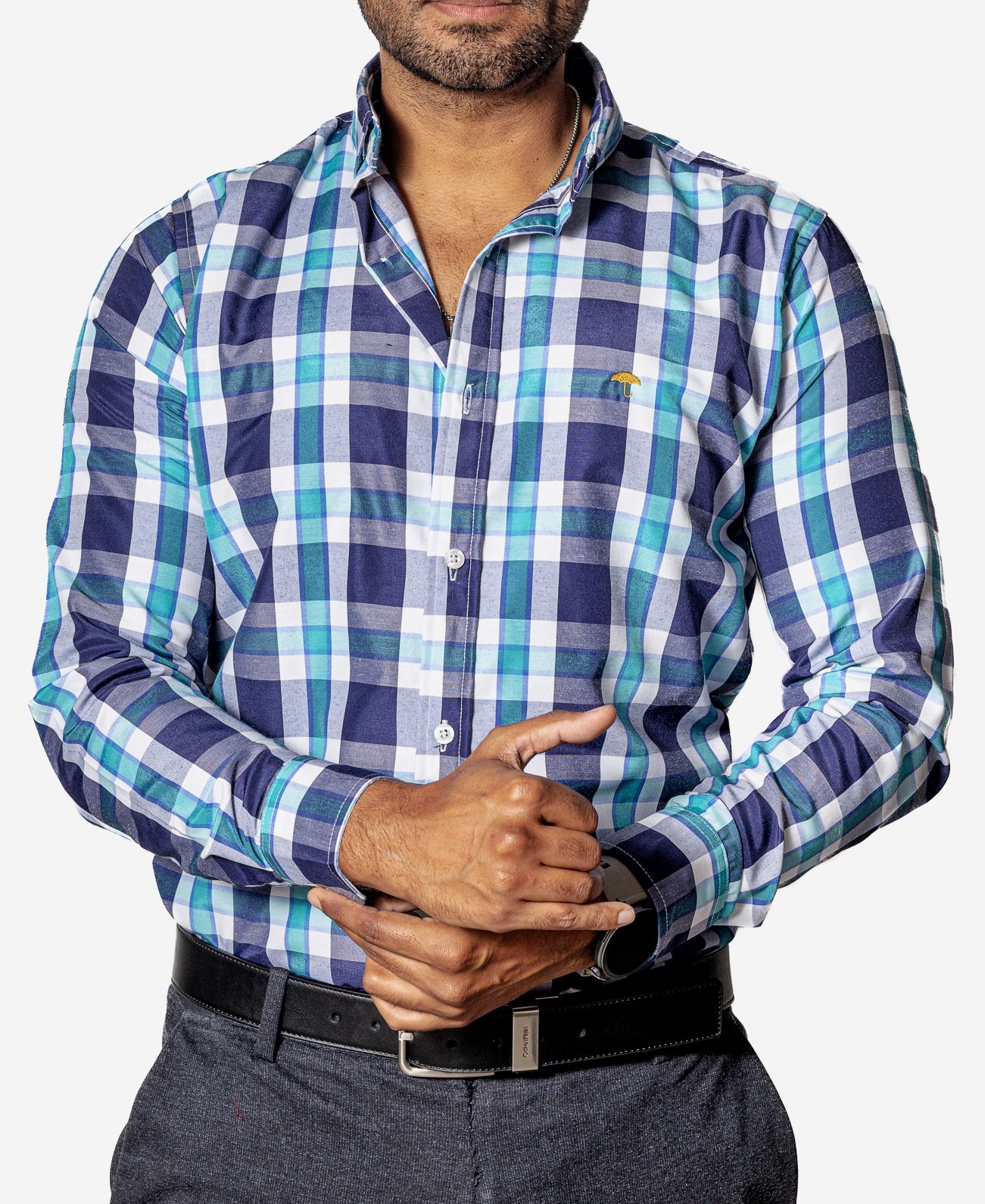 Camisa Casual Hombre ,cuadro Verde Agua,azul Marino Y Blanco - Tiendas Platino Camisas Hombre 34 (S)