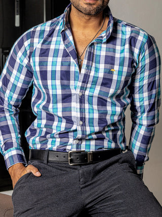 Camisa Casual Hombre ,cuadro Verde Agua,azul Marino Y Blanco - Tiendas Platino Camisas Hombre 34 (S)