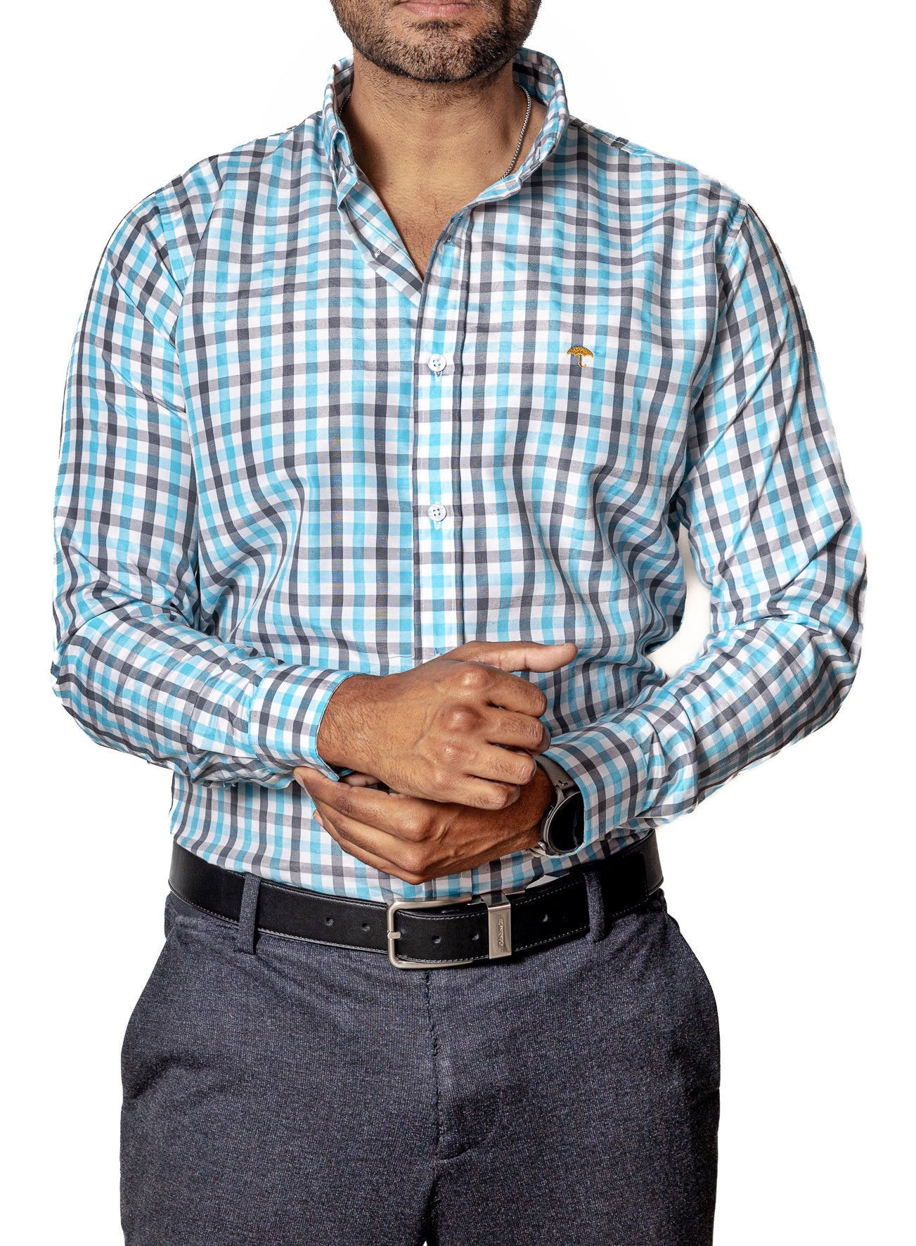 Camisa Casual Hombre ,cuadro Azul Cielo Y Gris - 34 (S)-Tiendas Platino