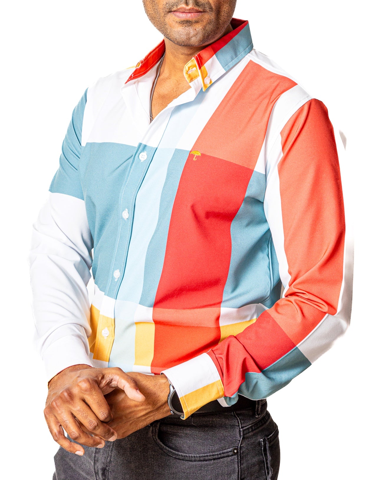 Camisa Casual Hombre Slim, Blanco Cuadros Rojo,naranja,azul - 34 (S)-Tiendas Platino