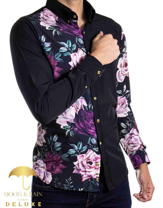 Camisa Hombre Casual Slim Fit Negra Mitad Flores Purpura