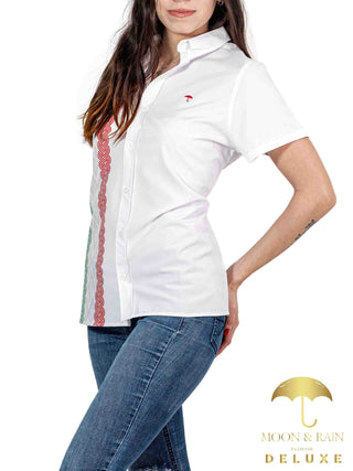 Camisa Mujer Casual Slim Fit Guayabera Blanca Tricolor Sty2