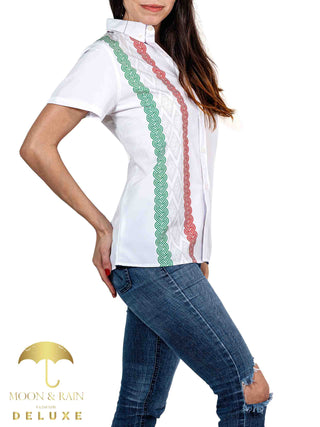 Camisa Mujer Casual Slim Fit Guayabera Blanca Tricolor Sty2