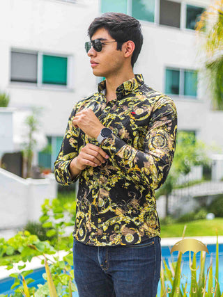 Camisa Hombre Casual Slim Fit Negro Flores Y Hojas Doradas - 34 (S)-Tiendas Platino