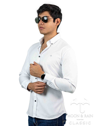 Camisa Hombre Casual Slim Fit Blanco Lisa Texturizada