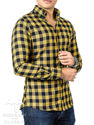 Camisa Hombre Casual Slim Fit Cuadro Amarillo Y Negro
