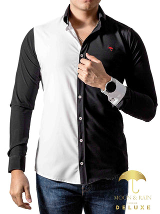 Camisa Hombre Casual Slim Fit Blanco Y Negro Manga Negro