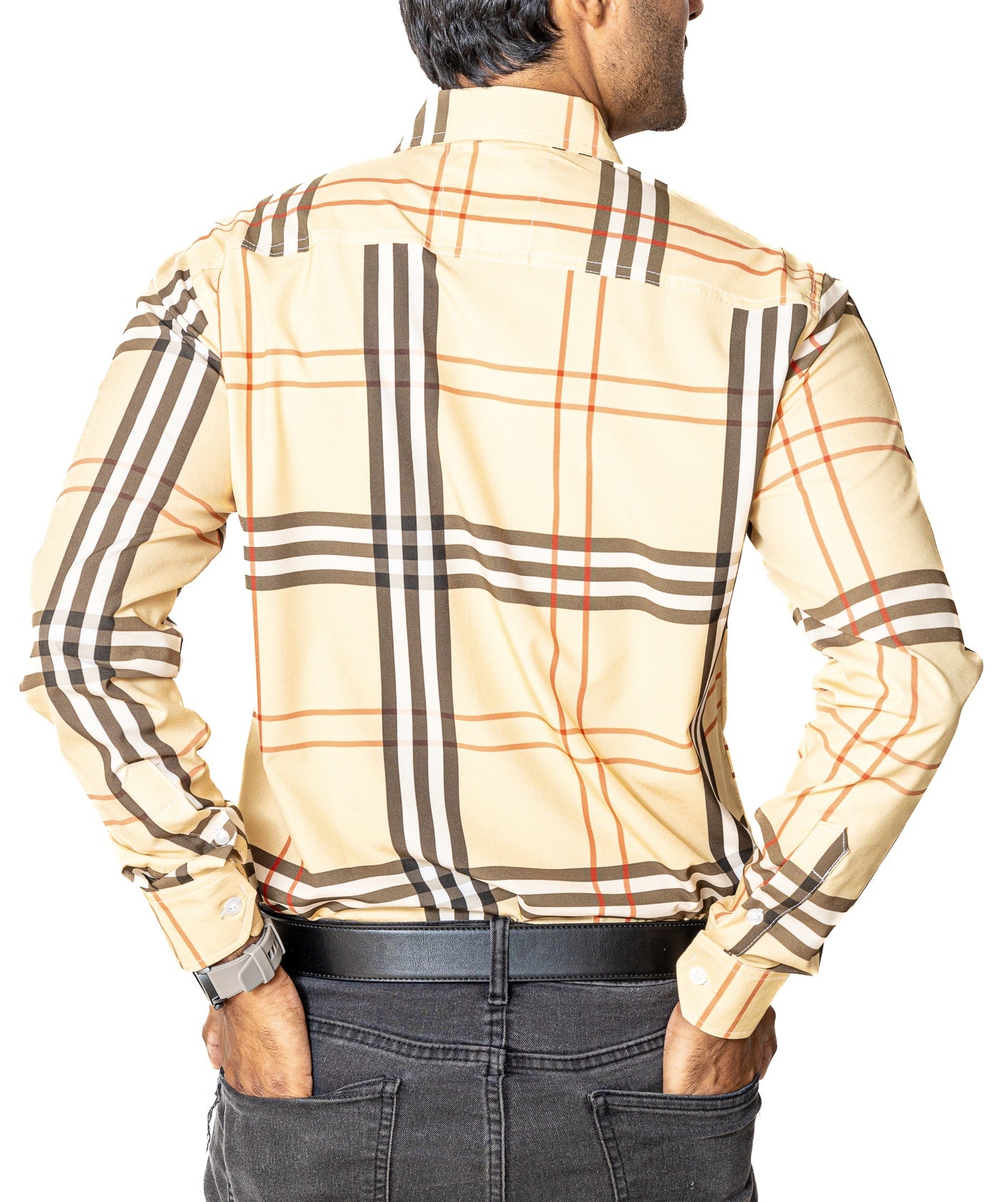 Camisa Casual Hombre Slim, Crema Líneas Roja,negra Y Blanca - 34 (S)-Tiendas Platino