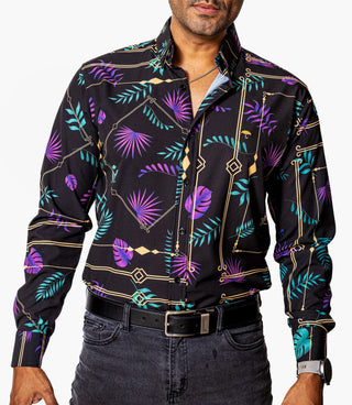 Camisa Casual Hombre Slim, Negra Hojas Moradas,verdes - Tiendas Platino Camisas Hombre 34 (S)