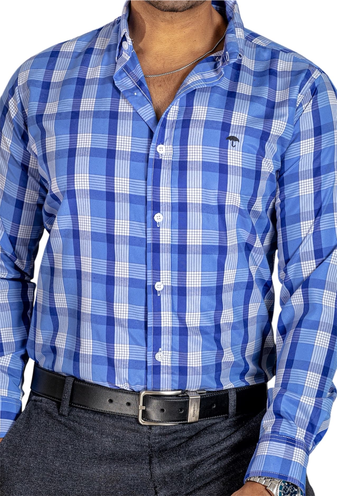 Camisa Casual Hombre, Cuadro Azul Marino, Blanco, Azul Cielo - 34 (S)-Tiendas Platino