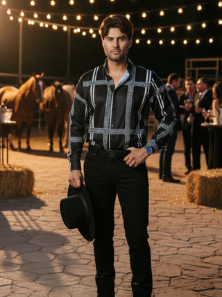 Camisa Hombre Casual Negra Pistache Grecas Blancas