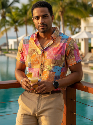 Camisa Hombre Casual Manga Corta Cuadros Naranjas, Rosas Floreada Bandana