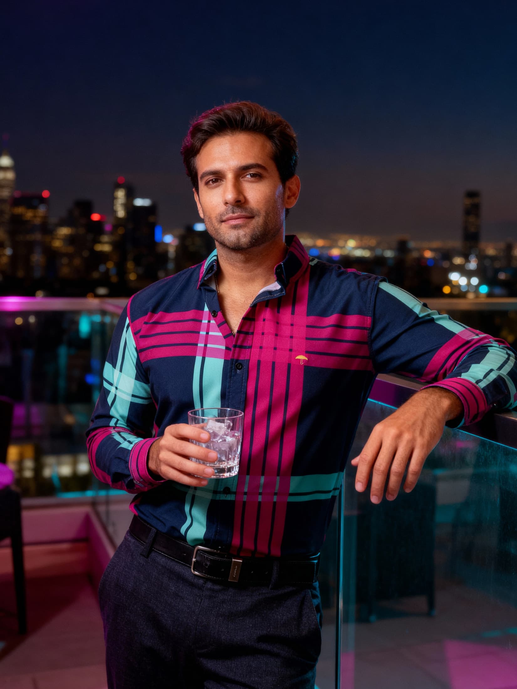 Camisa Casual Hombre, Azul Marino Líneas Rosa Y Azul Turquesa