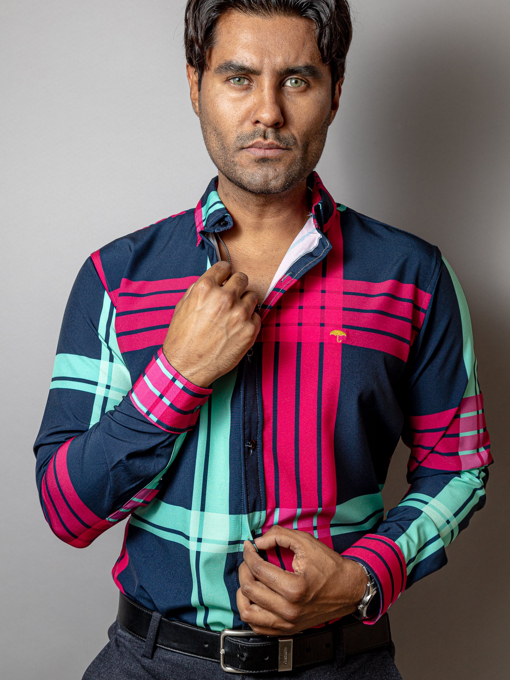 Camisa Casual Hombre, Azul Marino Líneas Rosa Y Azul Turquesa - Tiendas Platino Camisas Hombre 34 (S)