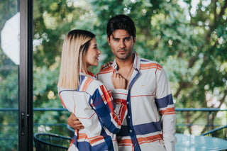 Camisa Casual Hombre Slim, Hueso Franjas Lila, Marron Y Rojo - Tiendas Platino Camisas Hombre 34 (S)