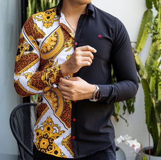 Camisa Hombre Casual Slim Fit Figuras Barroco Doradas - Negra - 34 (S)-Tiendas Platino