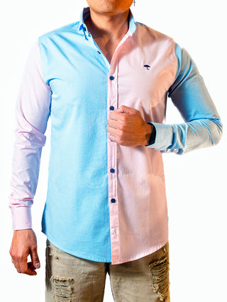Camisa Hombre Casual Slim Fit Mini Cuadros Azules, Rosas