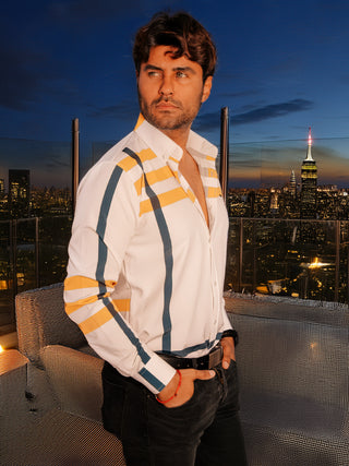 Camisa Hombre Casual Líneas Amarillo y Azul Marino