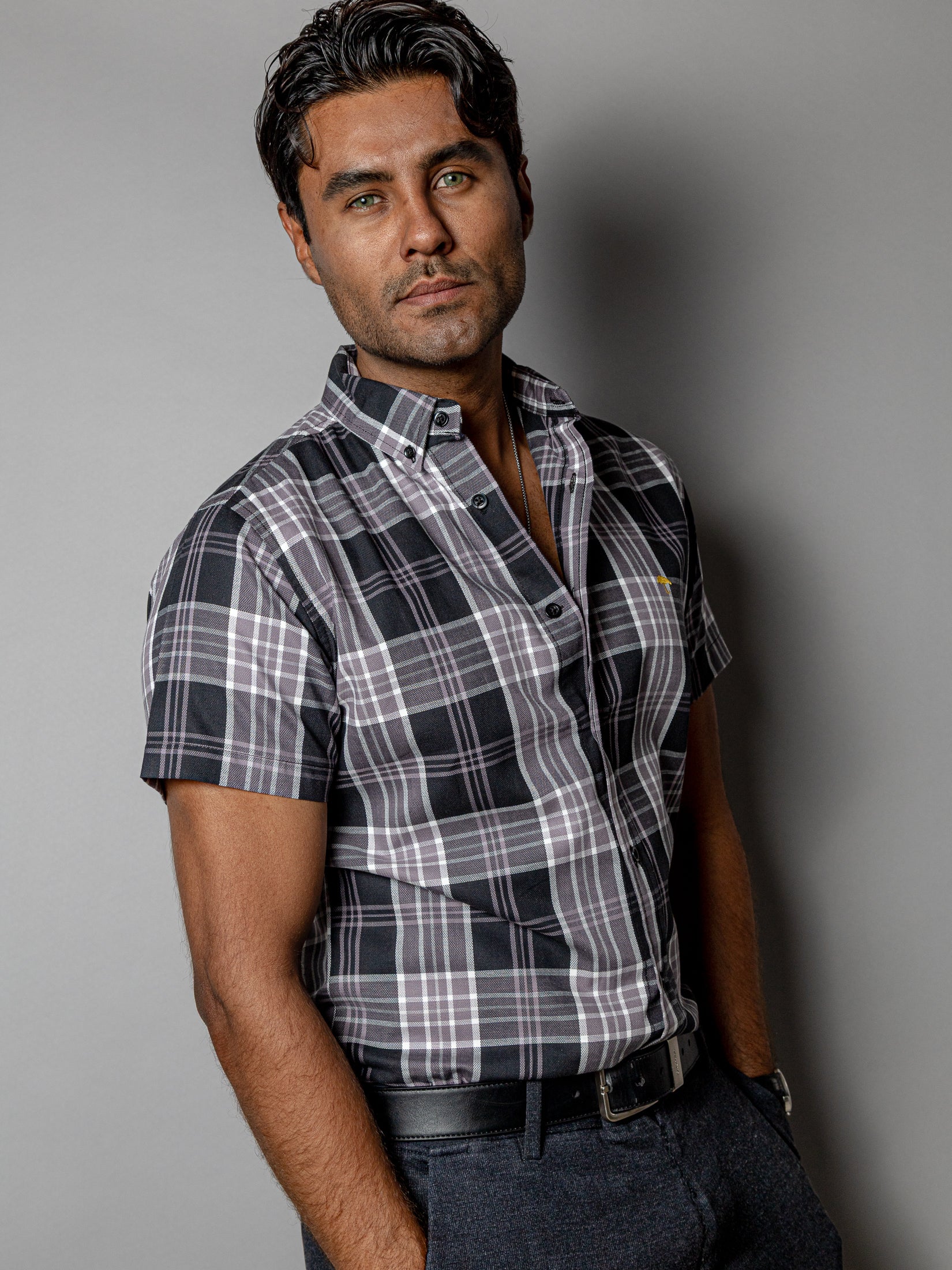 Camisa Casual Hombre Negra Cuadros Gris