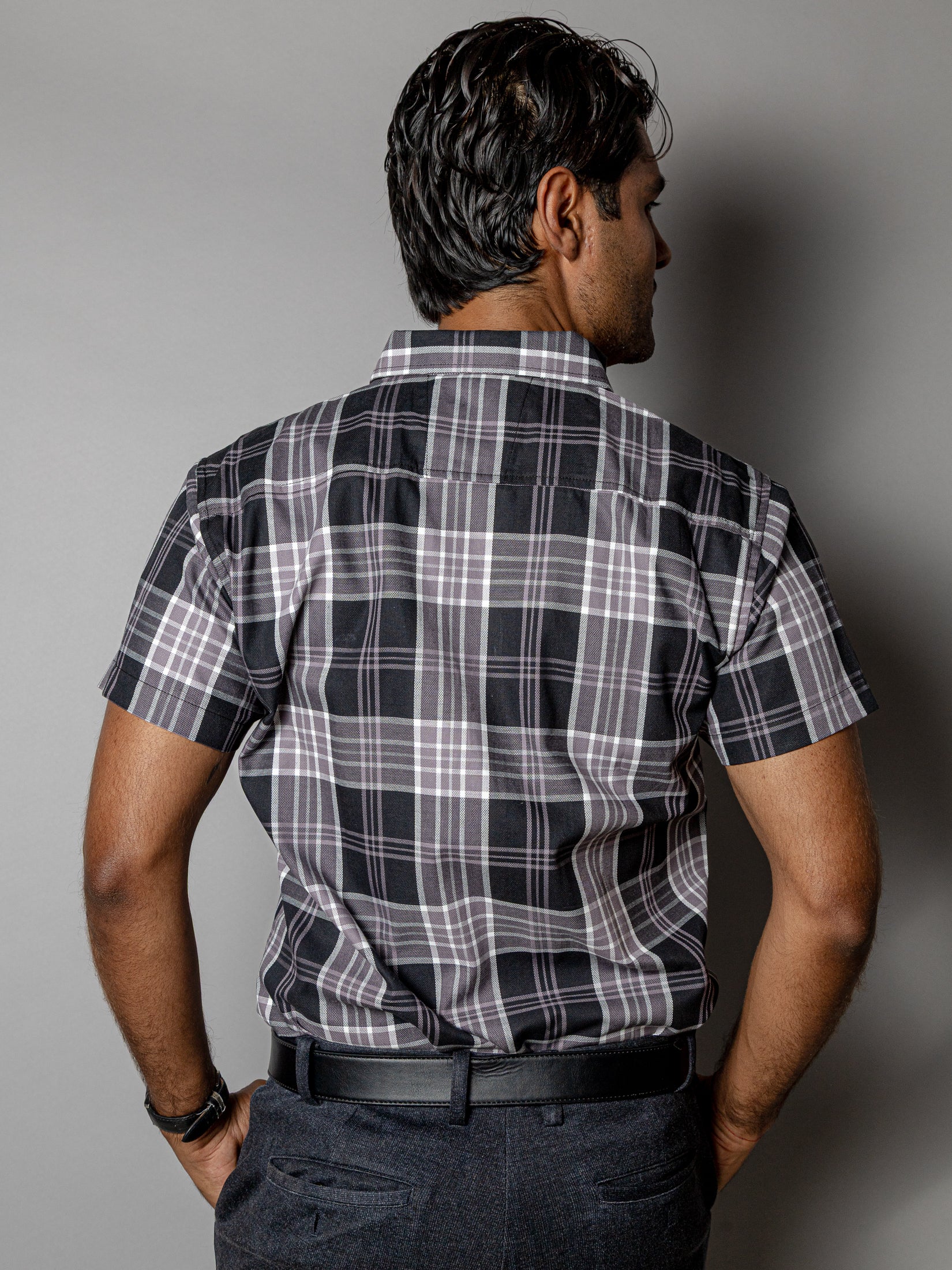 Camisa Casual Hombre Negra Cuadros Gris