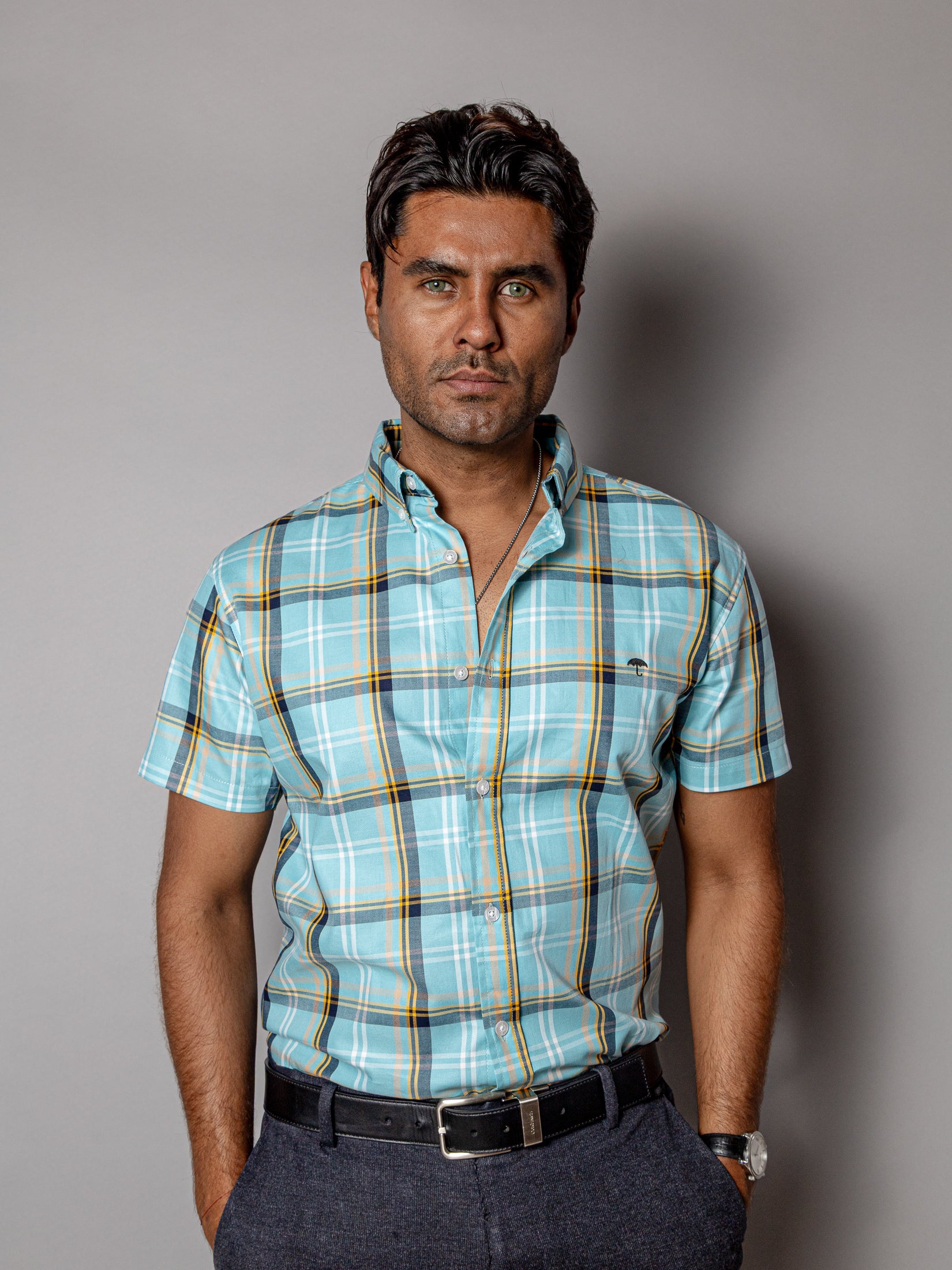 Camisa Casual Hombre, Azul Cielo Líneas Blanca, Amarilla Y Negro