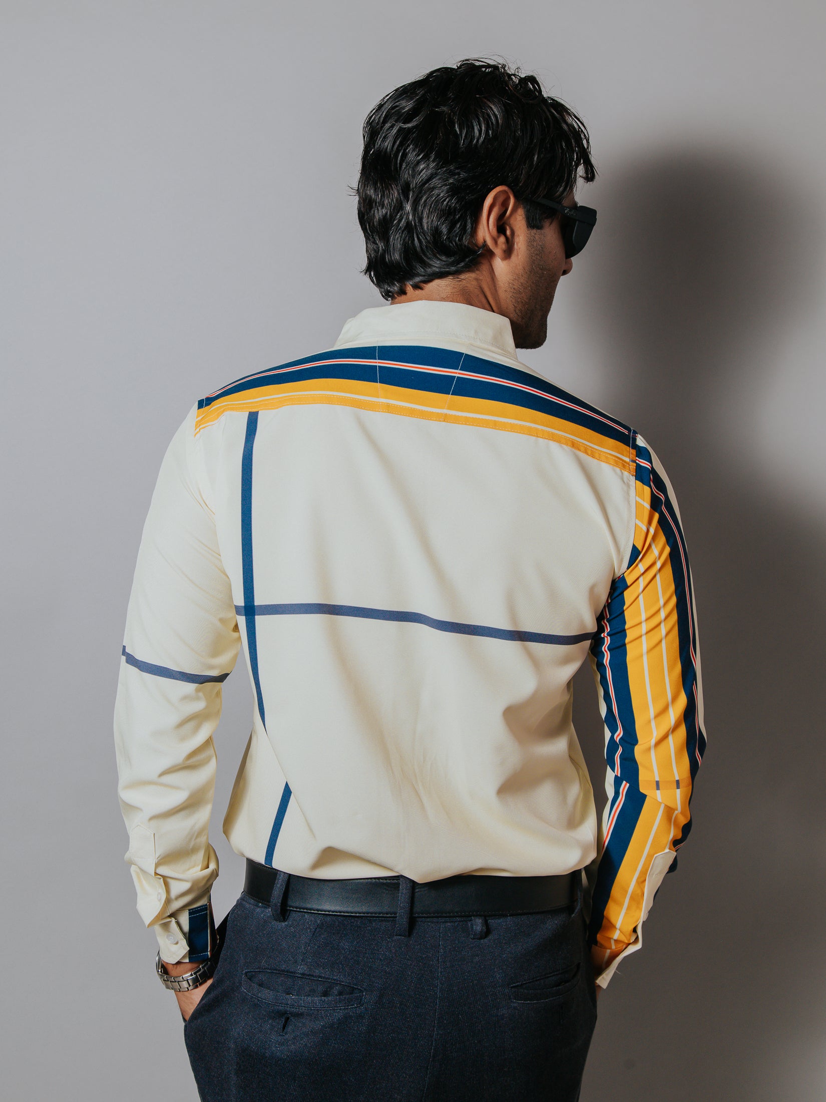 Camisa Casual Hombre, Crema Líneas Amarillo, Azul Marino