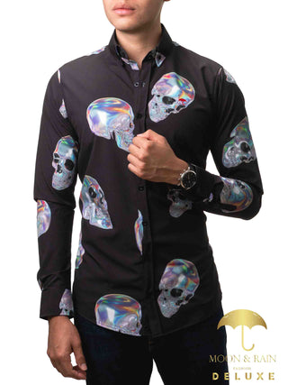 Camisa Hombre Casual Slim Fit Negra Calavera Tornasol Plata - 34 (S)-Tiendas Platino