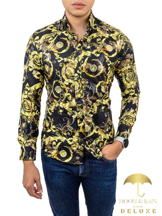 Camisa Hombre Casual Slim Fit Negro Flores Y Hojas Doradas - 34 (S)-Tiendas Platino