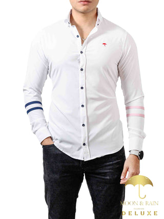 Camisa Hombre Casual Slim Fit Blanco Líneas Bicolor