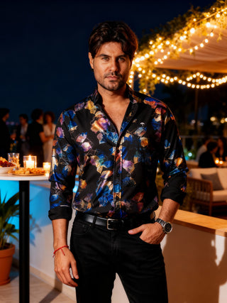 Camisa Hombre Casual Slim Fit Negra Flores Tornasol
