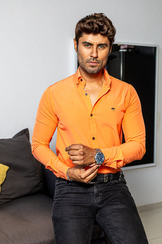 Camisa Hombre Casual Naranja Lisa 007