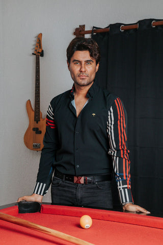 Camisa Hombre Manga Larga Casual Líneas Beige Azul y Rojo Tiendas Platino