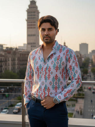 Camisa Hombre Blanca Detalles Rojo y Verde