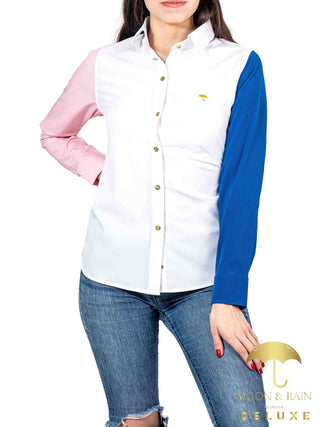 Camisa Mujer Casual Slim Fit Blanco Manga Azul Y Rosa