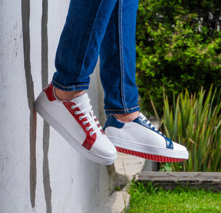 Tenis Sneakers Hombre Blanco Liso Texturizado Rojo Y Azul