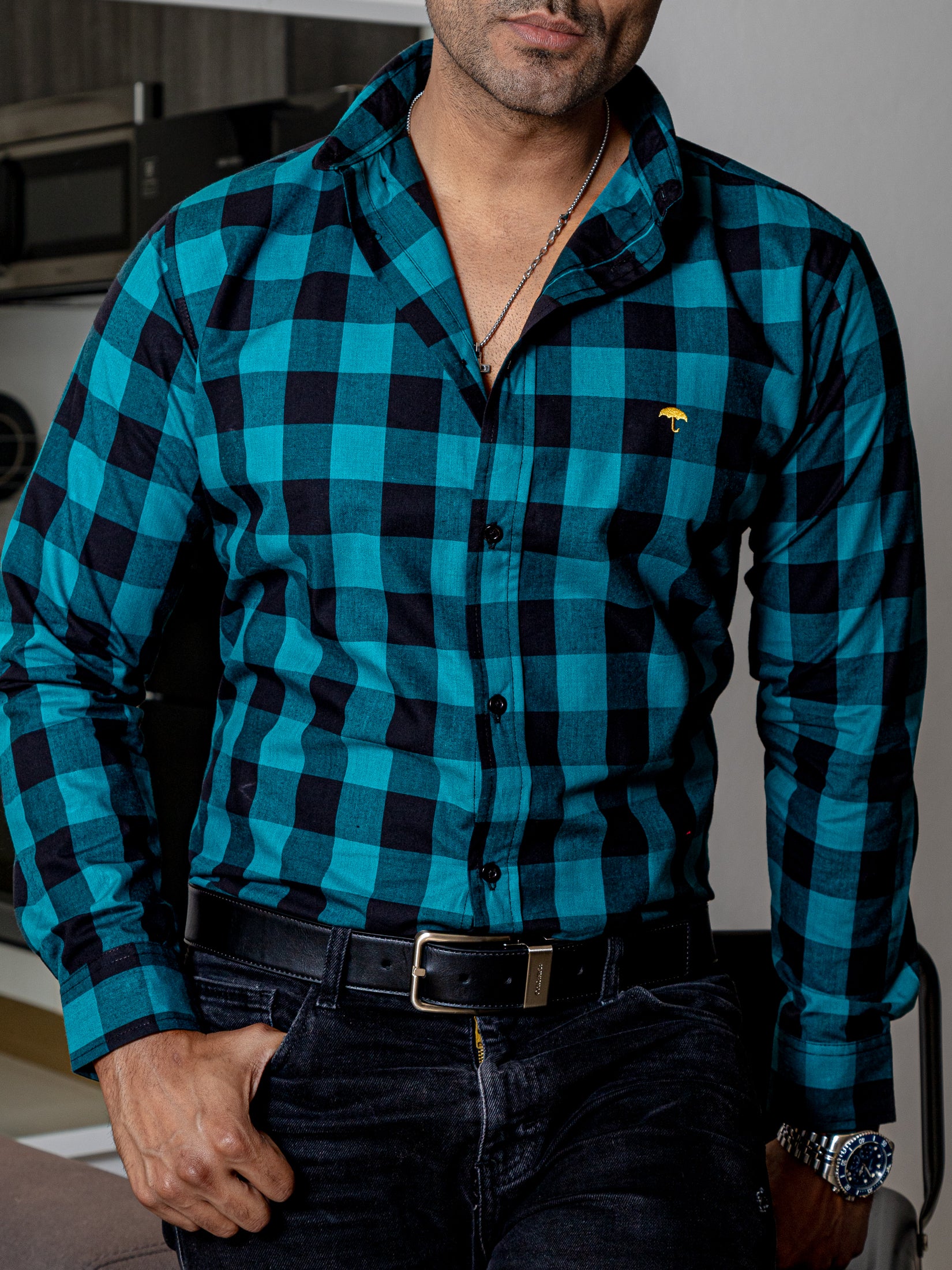 Camisa Casual Hombre Cuadros Verde Esmeralda y Negro - Tiendas Platino Camisas Hombre 34 (S)