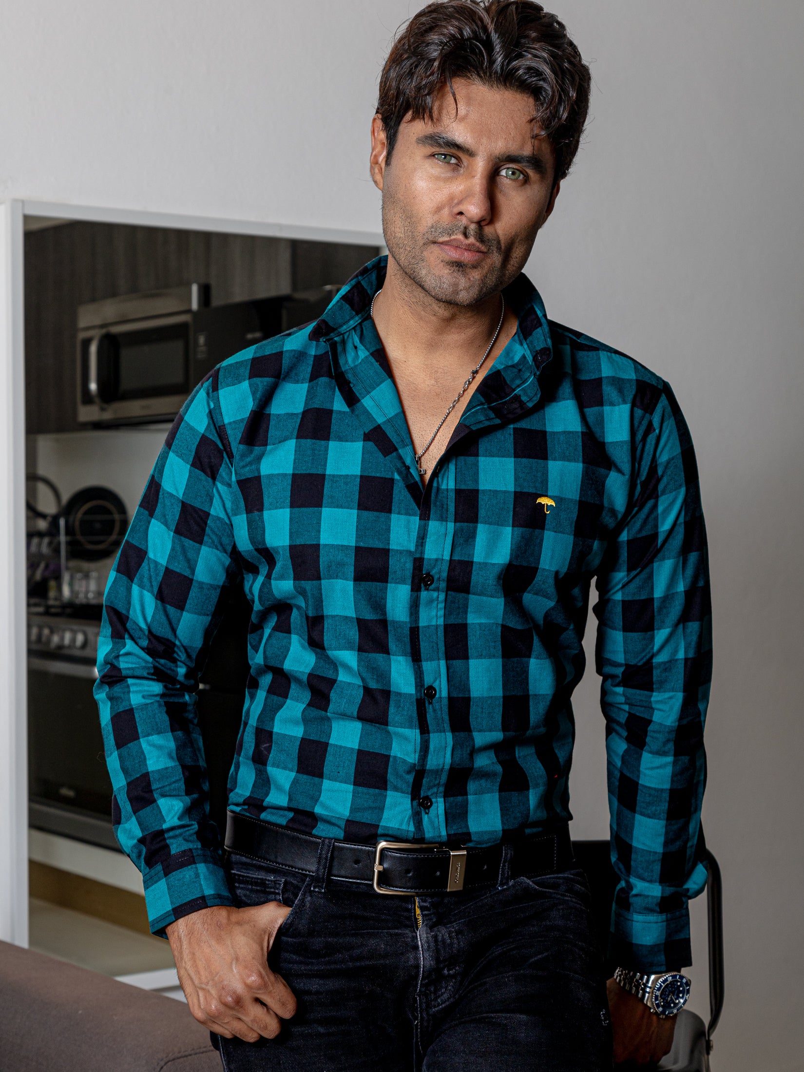 Camisa Casual Hombre Cuadros Verde Esmeralda y Negro - Tiendas Platino Camisas Hombre 34 (S)