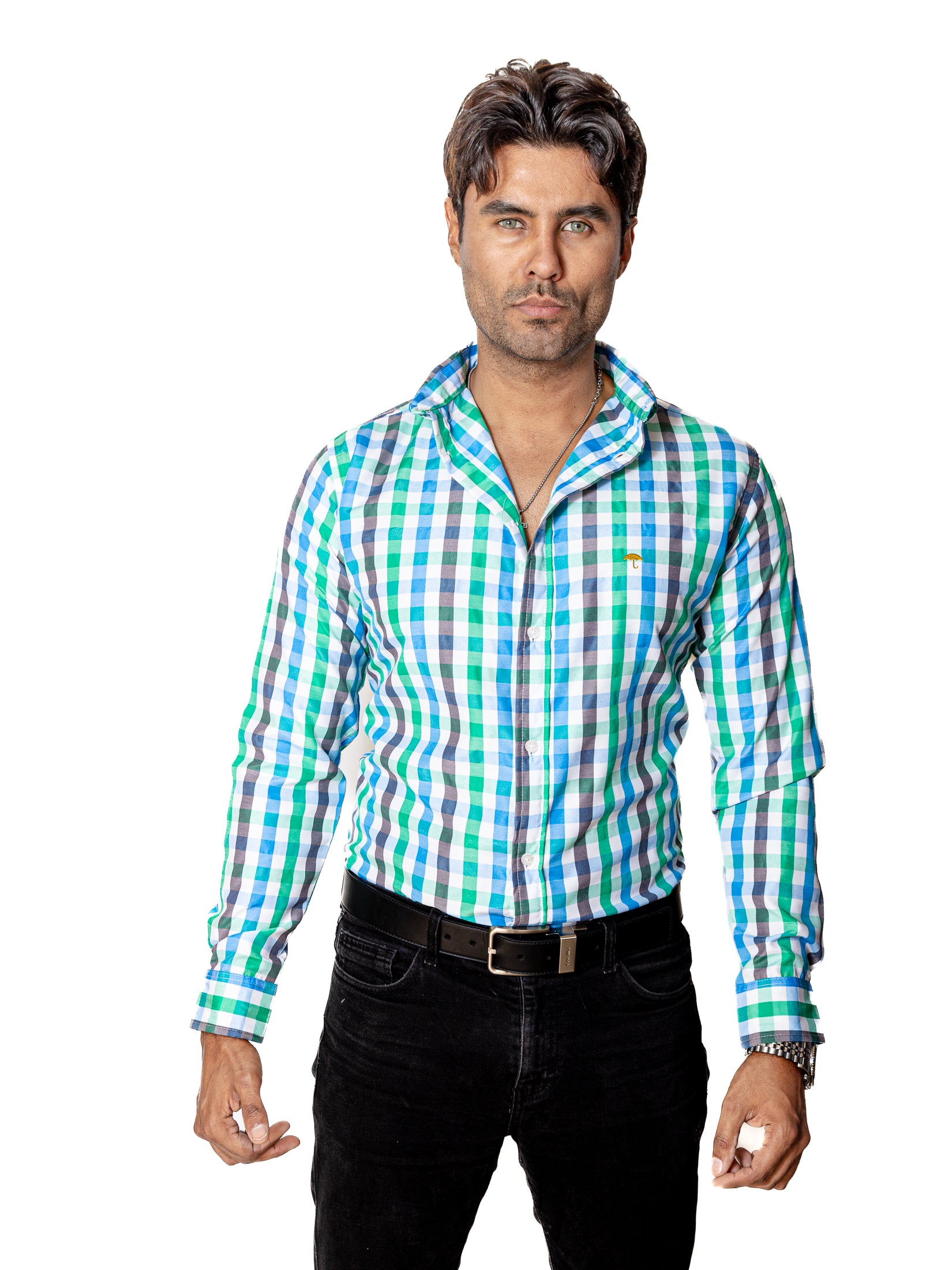 Camisa Casual Hombre Líneas Verde Gris y Azul
