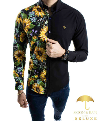 Camisa Hombre Casual Slim Fit Negra Mitad Girasoles - 34 (S)-Tiendas Platino
