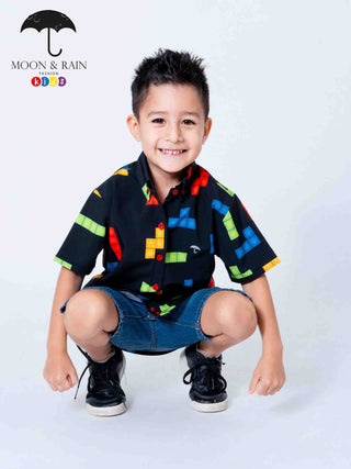Camisa Niño Casual Slim Fit Negra Tetris Colores