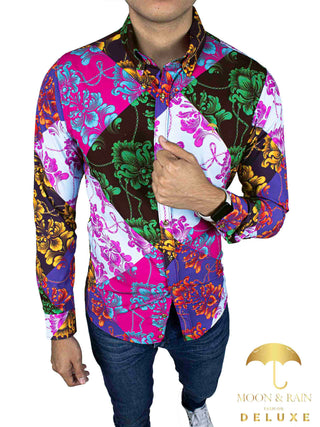 Camisa Hombre Casual Slim Fit Ornamento Multicolor