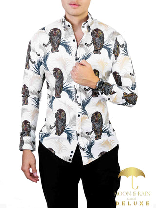 Camisa Hombre Casual Slim Fit Blanco Tigre Con Hojas - 34 (S)-Tiendas Platino