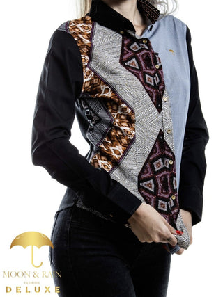 Camisa Mujer Casual Slim Fit Texturizada Mitad Gris Lisa - 6 - 7 (S)-Tiendas Platino