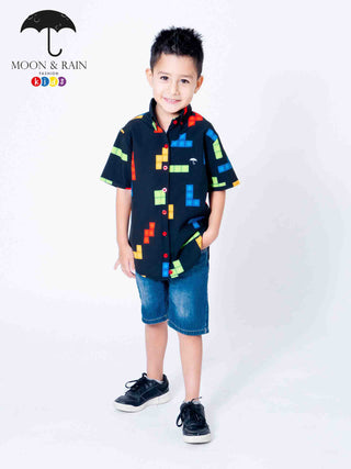 Camisa Niño Casual Slim Fit Negra Tetris Colores