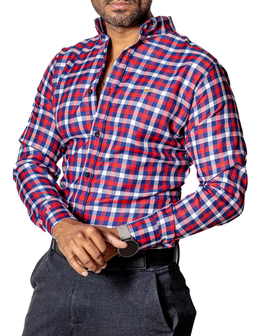 Camisa Casual Hombre, Cuadro Azul Marino, Rojo, Blanco Textura
