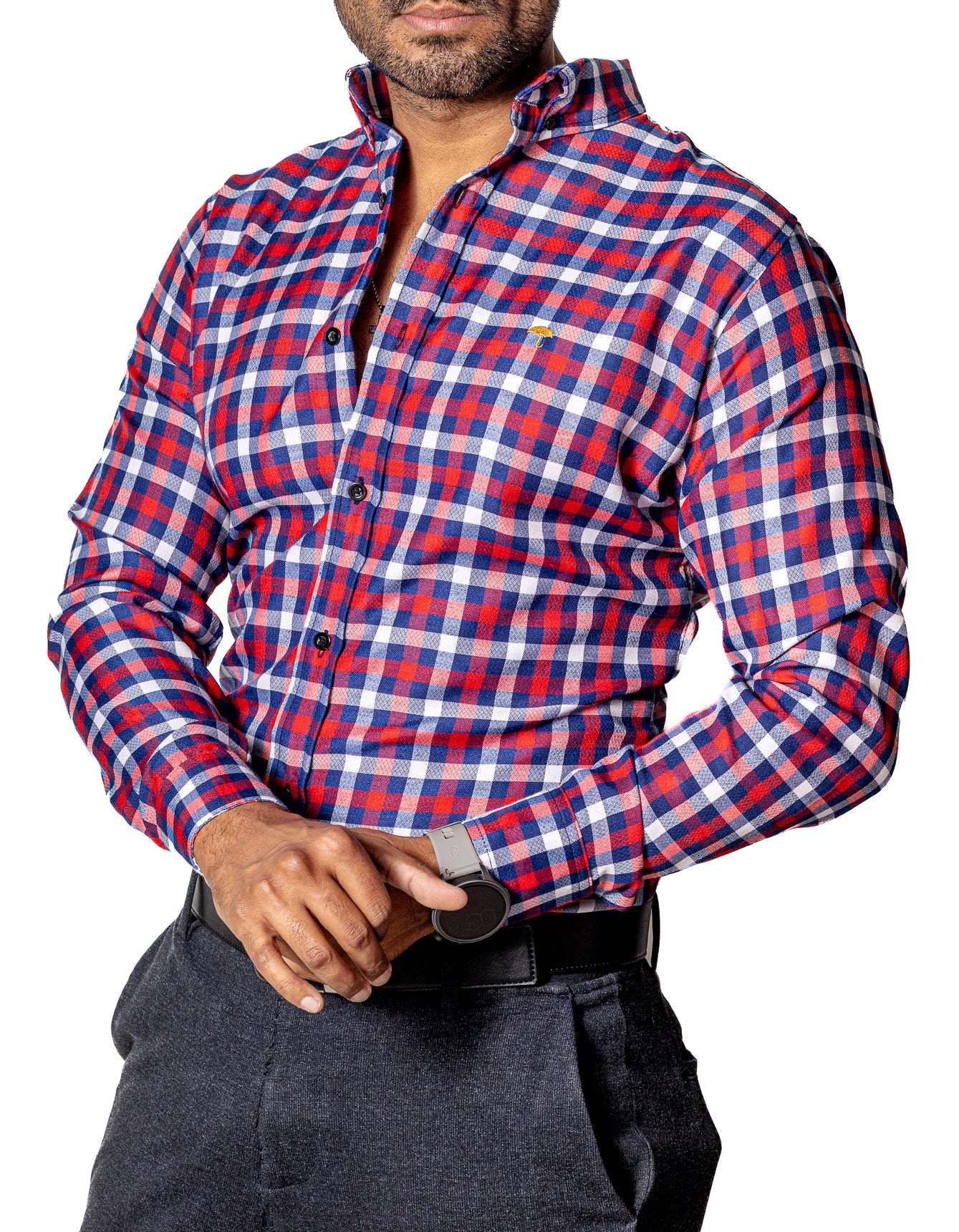 Men's Casual Shirt, Navy Blue, Red, White Textured Check