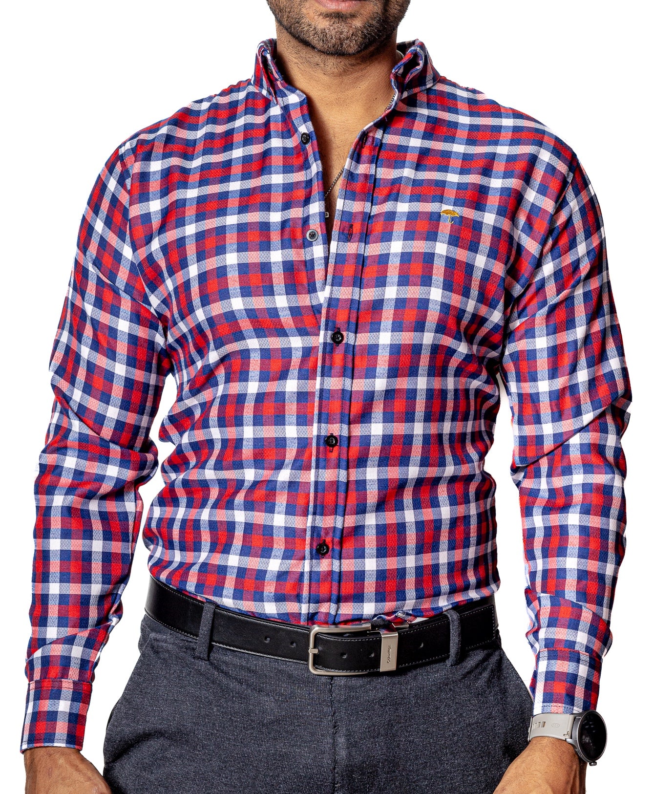 Men's Casual Shirt, Navy Blue, Red, White Textured Check