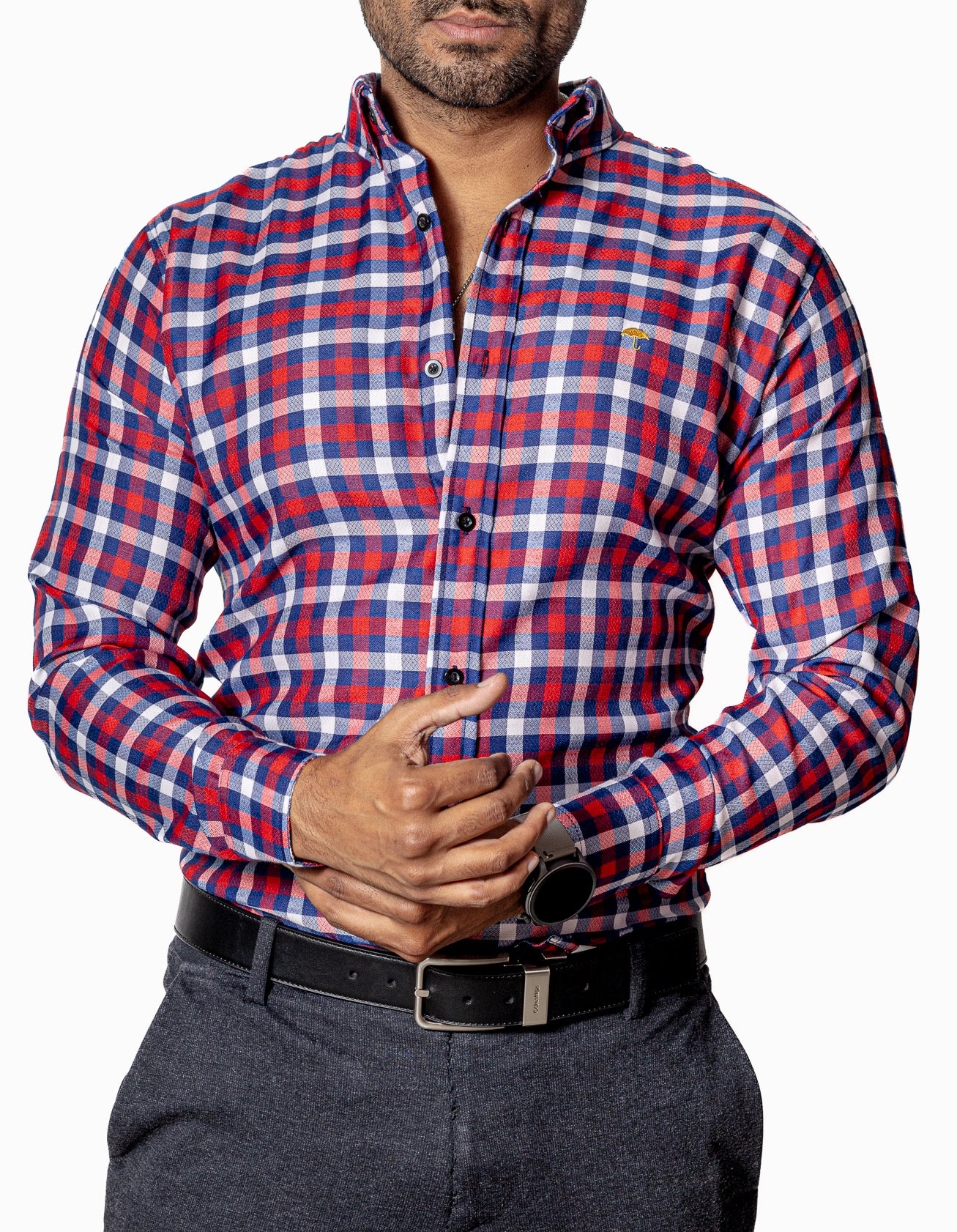 Men's Casual Shirt, Navy Blue, Red, White Textured Check