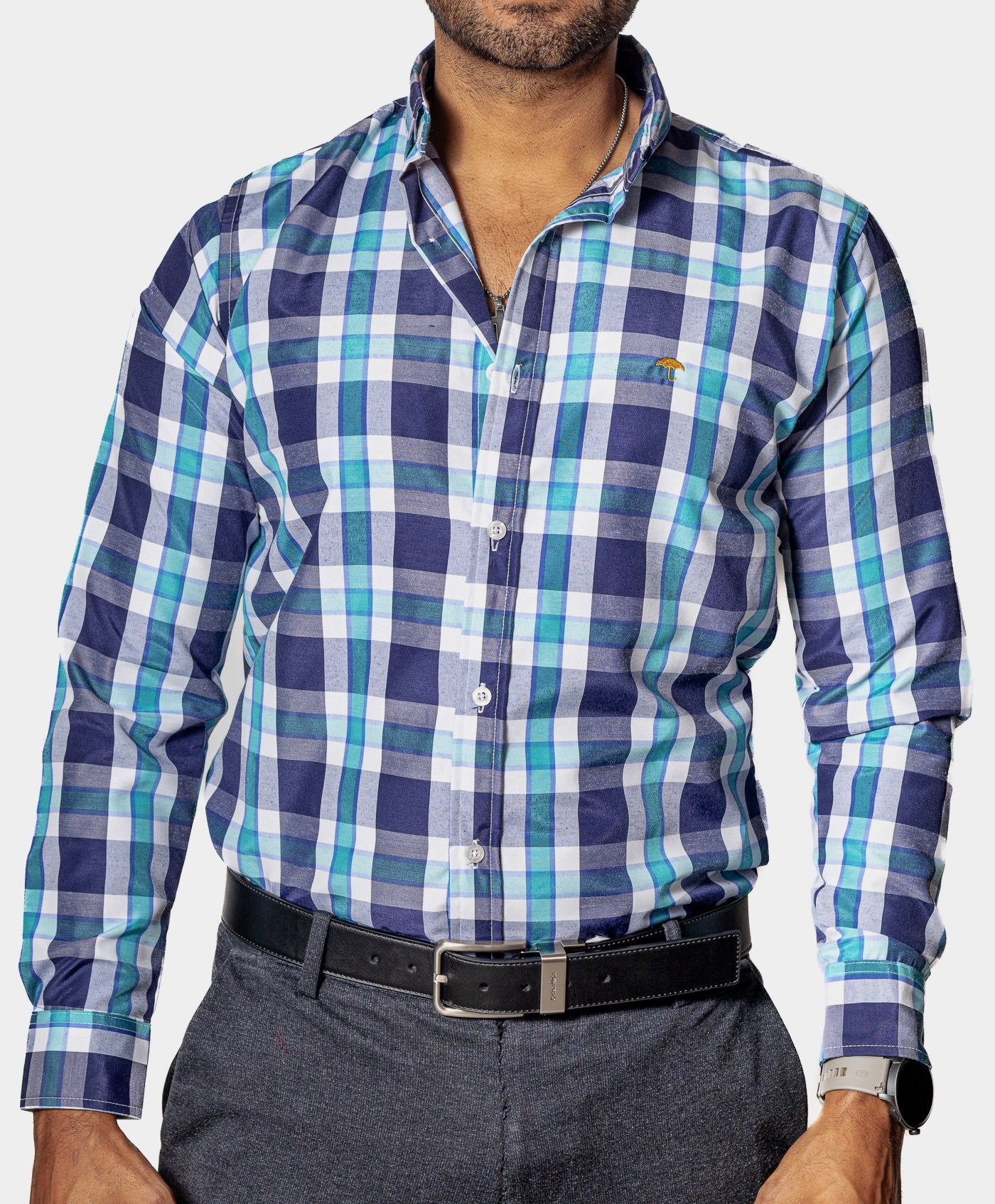 Camisa Casual Hombre ,cuadro Verde Agua,azul Marino Y Blanco - Tiendas Platino Camisas Hombre 34 (S)